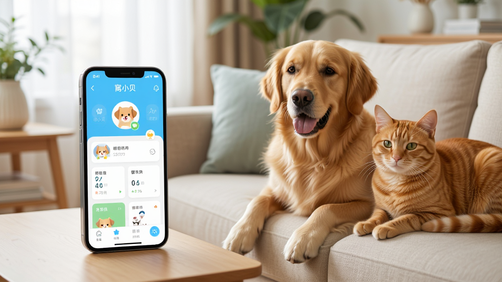һ����ܰ�Ŀ���������һֻ��ëȮ��һֻ��è��������ɳ���ϣ��Ա߷���һ�������ֻ����ֻ���Ļ��ʾ����С����APP�Ľ��棬��������չʾ����ͷ��ͽ������ݿ�Ƭ��������������Ȼ�⣬�ɾ����࣬�޶���Ԫ�أ����廭��