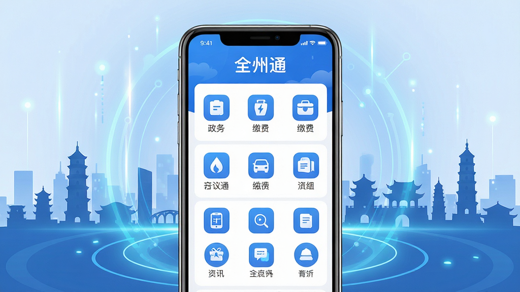 ���壺ȫ��ͨAPP����չʾ���ֻ���Ļ��ʾ��ҳ�湦��ͼ�꣬�������񡢽ɷѡ���Ѷ��ģ�飻���֣��ֻ����У���Χ�м��ĿƼ��й�Ч�ͳ��м�Ӱ���Ű棺����ͼ���������룬ɫ������ɫ�Ͱ�ɫΪ��������ִ���ƽ����ƣ�ϸ�ڣ���Ļ��������ʾ��ȫ��ͨ��������������ȫ�ݵر꽨�����������ʣ�8K���ɾ����޶���Ԫ��