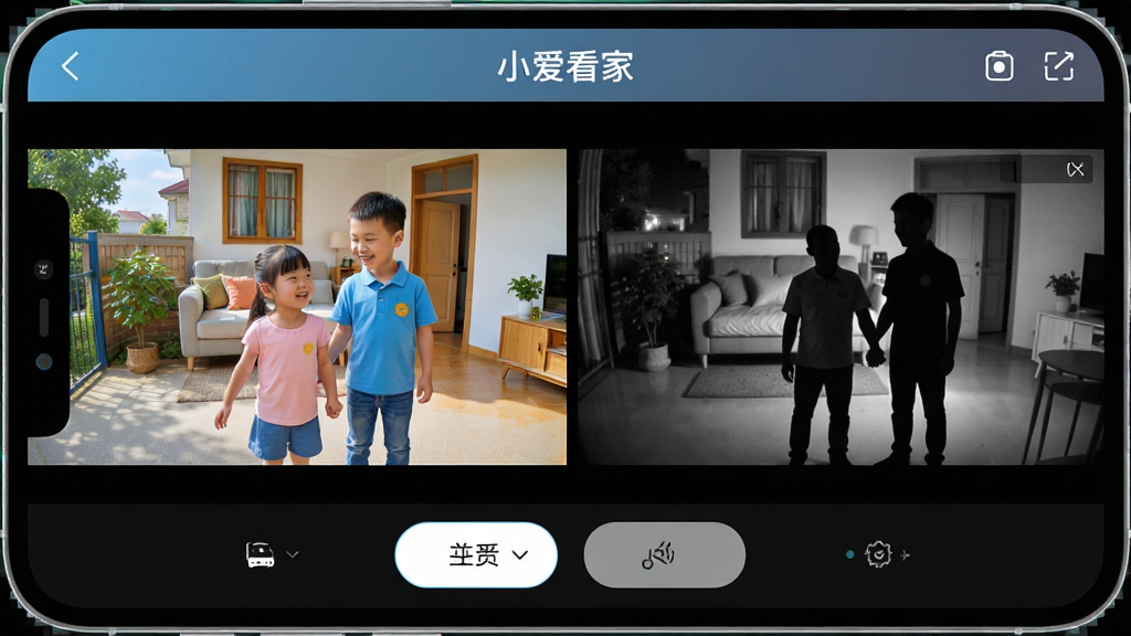 ���壺С������app����չʾ����ҹ�Ӽ�ػ��档���֣���������Ϊapp���棬���չʾ��ɫ���컭�棬�Ҳ�չʾ�ڰ�ҹ�ӻ��棬�γɶԱȡ��Ű棺���涥���С�С�����ҡ����������ײ��й��ܰ�ť����񣺿Ƽ�����ʵ���Խ�ϡ�ϸ�ڣ�ҹ�ӻ����е��������������ɼ���app���水ť���¡����ʣ��������ȣ����洿�����޶���Ԫ�ء�