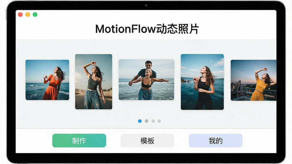 һ��չʾMotionFlow��̬��Ƭ����������ĸ���Ԥ��ͼ�����沼�ּ�࣬�Ϸ���ʾ�������ơ�MotionFlow��̬��Ƭ�����м��Ǽ��Ŷ�̬��Ƭʾ������ͼ���·��С�����������ģ�塱�����ҵġ��������ܰ�ť��������Ϊ�ִ���ƽ����ƣ�ɫ���������£�����ϸ��ɾ����޶���Ԫ�ء�