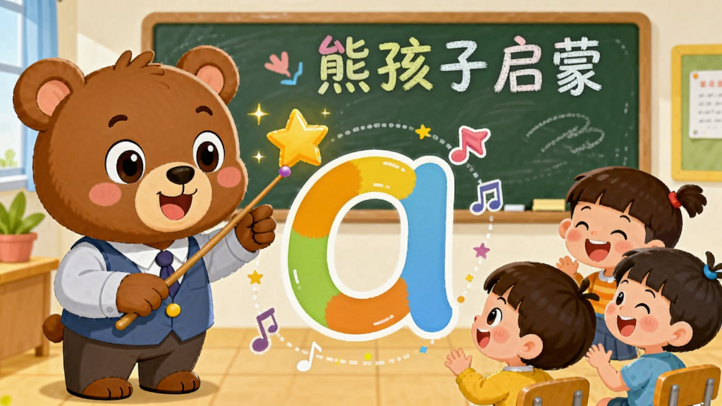 ��������Ϊһֻ��ͨС����ʦ����������һ��ħ������ָ��һ���޴�Ĳ�ɫƴ����ĸ��a������ĸ��Χ�����Ǻ��������ơ��Ա��м���С�����ڿ��ֵظ����������ǽ��ҵĺڰ壬����д�š��ܺ������ɡ�����������ĸΪ���ģ�С������С�������ҡ����翨ͨ�ɰ���ɫ��������ϸ�ڷḻ�����廭�ʣ�����ɾ��޶���Ԫ�ء�