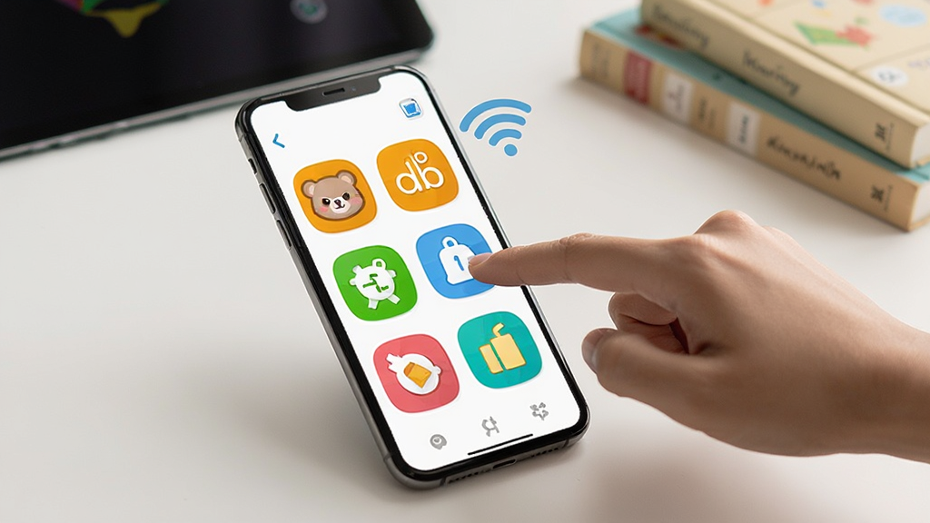 ��������Ϊһ�������ֻ���Ļ����Ļ����ʾ�ܺ������ɵ�APP���棬��������ƴ������ѧ��Ӣ��Ȳ�ɫͼ�ꡣһֻ���������Ļ�ϵ�һ��ͼ�꣬�Ա���һ��Wi-Fi�ź�ͼ�ꡣ����Ϊ�����������������ƽ����Ժ��鱾���������ֻ�Ϊ���ģ������Ҳࡣ����дʵ��ɫ����Ȼ��ϸ�����������廭�ʣ�����ɾ��޶���Ԫ�ء�