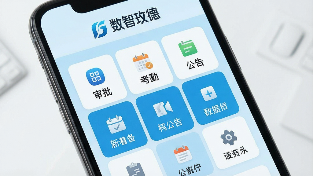 一张智能手机屏幕展示数智玫德APP主界面,界面顶部显示“数智玫德”品牌标识,中部为清晰的九宫格功能图标排列,包含审批、考勤、公告等模块,背景为简洁的浅蓝色商务风格,整体布局规整,画面干净明亮,细节丰富,高清画质