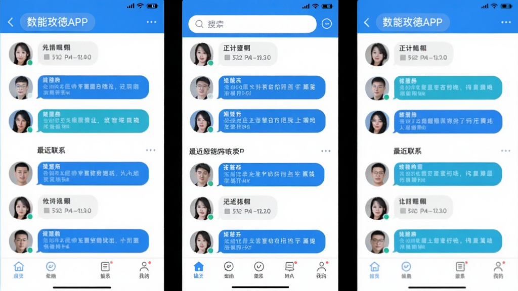 数智玫德APP聊天界面,显示多个对话列表,顶部为搜索栏,中部为最近联系人,底部为导航栏,整体风格类似主流IM软件,蓝白配色,界面清爽,头像清晰,消息气泡圆润,画质干净,布局合理