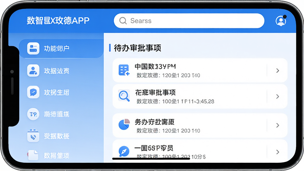 数智玫德APP移动办公门户界面截图,左侧为功能列表,右侧显示待办审批事项,页面采用蓝白配色,布局清晰,图标圆润,顶部搜索栏醒目,整体风格简洁商务,画质清晰,细节完整