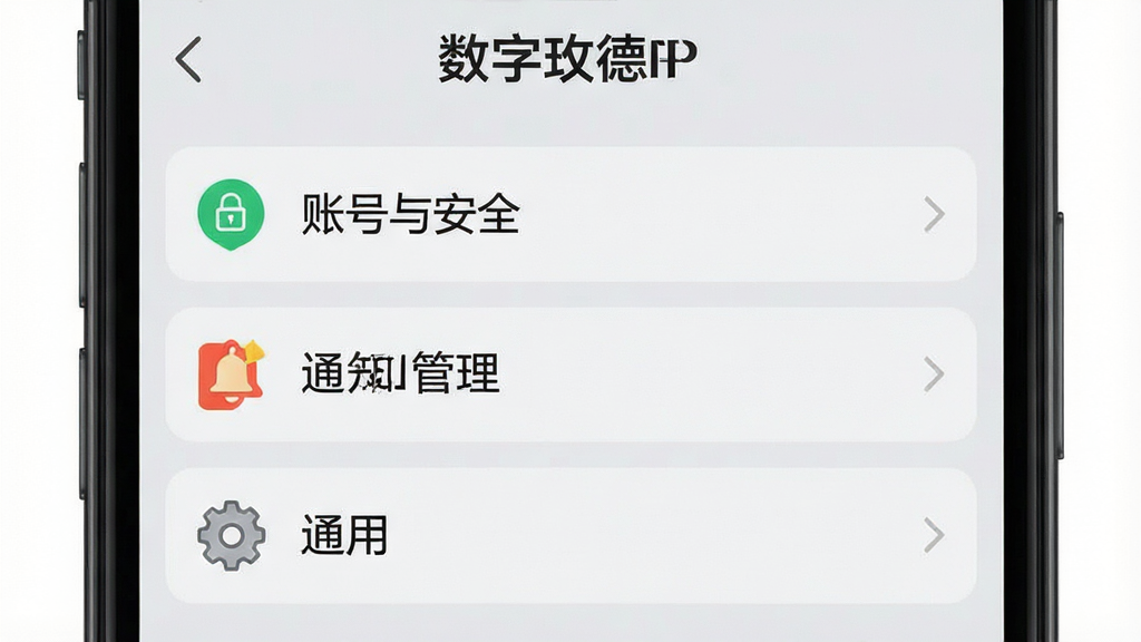 一张手机截图展示数智玫德APP的设置页面,包含“账号与安全”、“通知管理”、“通用”等选项,背景为浅灰色,文字清晰,图标简洁,界面风格干净整洁,画质细腻