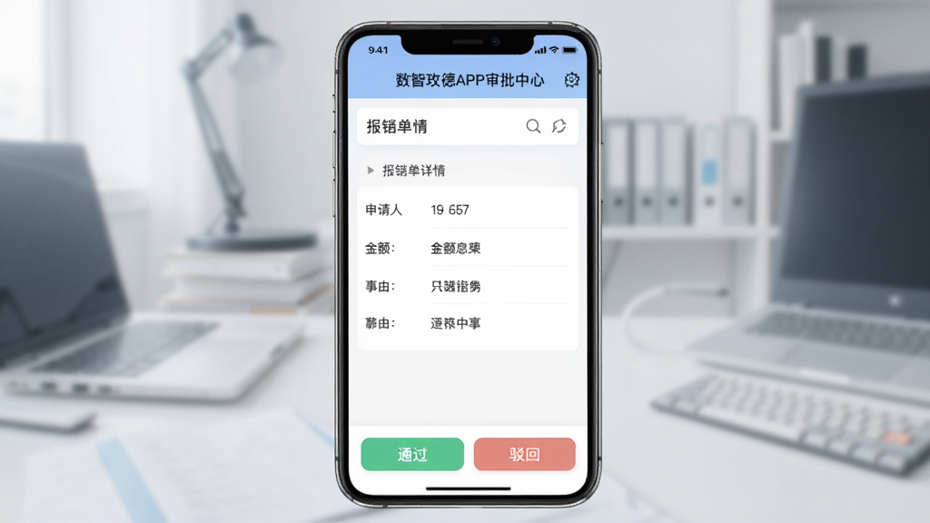 数智玫德APP审批中心界面,展示一张报销单详情,包含申请人、金额、事由等字段,底部为“通过”和“驳回”按钮,界面模拟手机屏幕,设计简洁,色彩柔和,文字清晰,画质细腻,无多余元素