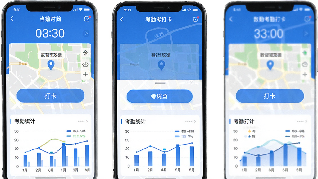 数智玫德APP考勤打卡界面,显示当前时间、定位地图、打卡按钮,下方为考勤统计图表,界面风格简洁,以蓝色为主色调,地图清晰,按钮醒目,整体布局直观,画质细腻