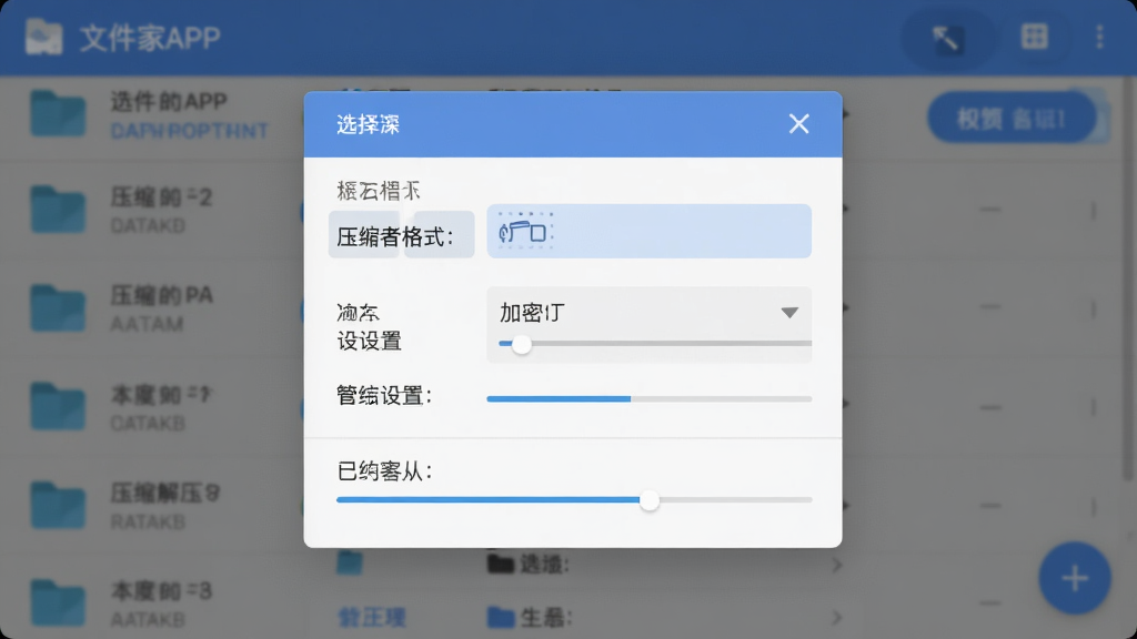 �ļ���APP��ѹ����ѹ���ܲ������棬����Ϊѡ���ļ��󵯳���ѹ��ѡ��˵�������ѹ����ʽ���������õȣ�����Ϊ�����Ի�����ʽ������Ϊ�ļ��б�ģ��Ч�������ΪMaterial Design���ϸ��չʾѹ�������������ʸɾ����޶���Ԫ��