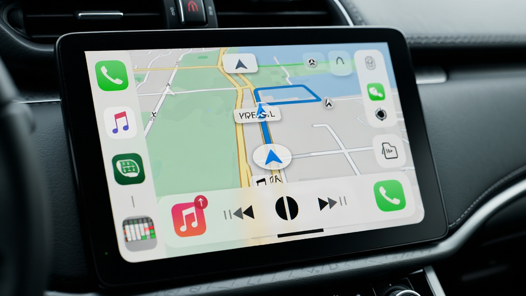 һ���ִ������п�̨չʾCarPlay������ĸ���ͼƬ����Ļ������ʾ������ͼ�����ֲ������͵绰ͼ�꣬����������������Ϊ��ɫ���Σ�������Ƽ���ʮ�㣬����ϸ�壬�ɾ��޶���Ԫ�ء�