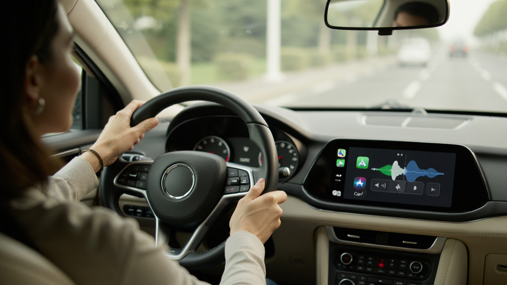 չʾ��ʻԱ�ڳ���ʹ��Siri��������CarPlay�ĳ������п���Ļ��ʾ��������ͼ����ʻԱ˫����ס�����̣�Ŀ��ע��ǰ�������廭����ܰ��ȫ�����дʵ������ϸ�壬�ɾ��޶���Ԫ�ء�