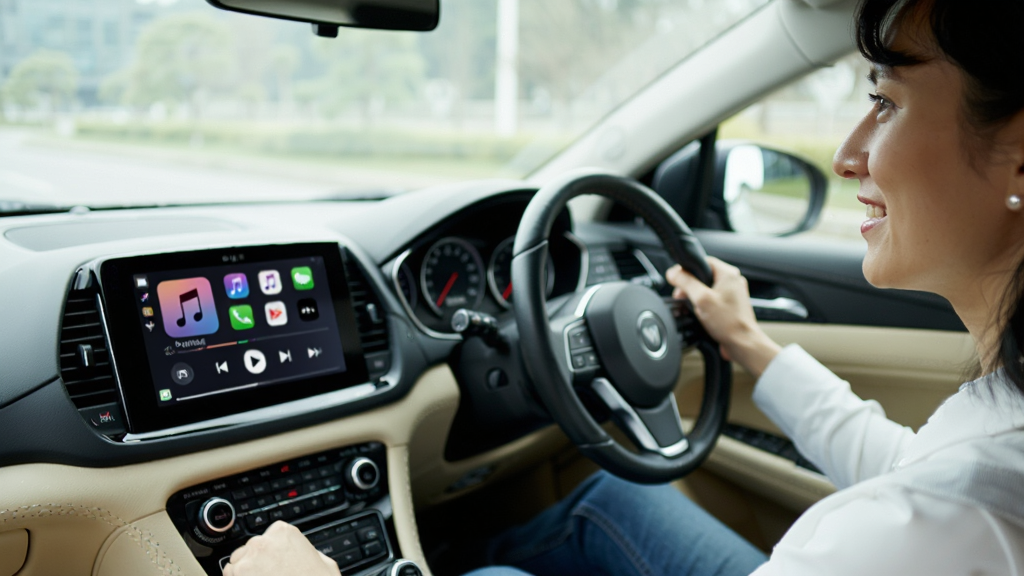 չʾ�û�ͨ����������CarPlay�������ֵ�ʵ��ͼ���п���Ļ��ʾ���ֲ��Ž��棬��ʻԱ΢Цרע�����ڷ�Χ��ܰ�������������ɾ��޶���Ԫ�ء�