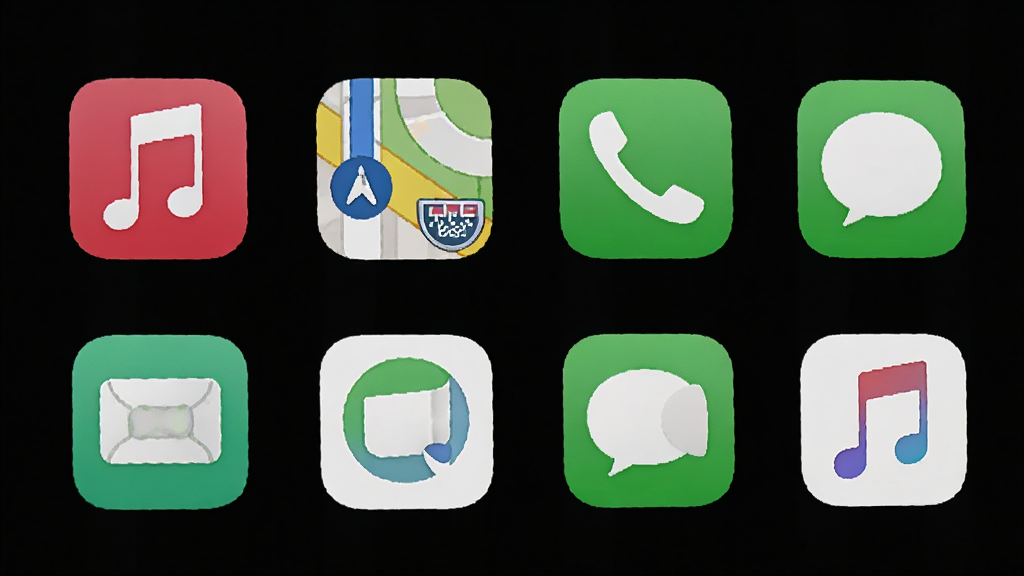 CarPlay������Ļչʾ���Ӧ��ͼ�꣬�������֡���ͼ���绰����Ϣ�ȣ�ͼ���������룬ɫ�����ޣ�����Ϊ��ɫ�������棬���������ִ��������������ɾ��޶���Ԫ�ء�