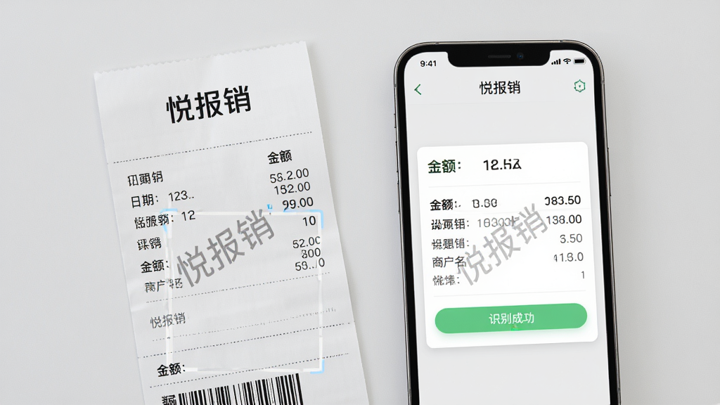 主体:一张餐饮发票被手机扫描识别,屏幕上显示识别结果,包含金额、日期、商户名称,顶部有“悦报销”字样;布局:手机与发票并排,发票放在左侧,手机在右侧,识别结果以卡片形式展示;排版:卡片式布局,信息字段清晰分列;风格:清新商务风,浅灰底色;细节:发票上的“悦报销”水印,手机界面显示“识别成功”提示;画质:高清,干净,无多余元素。