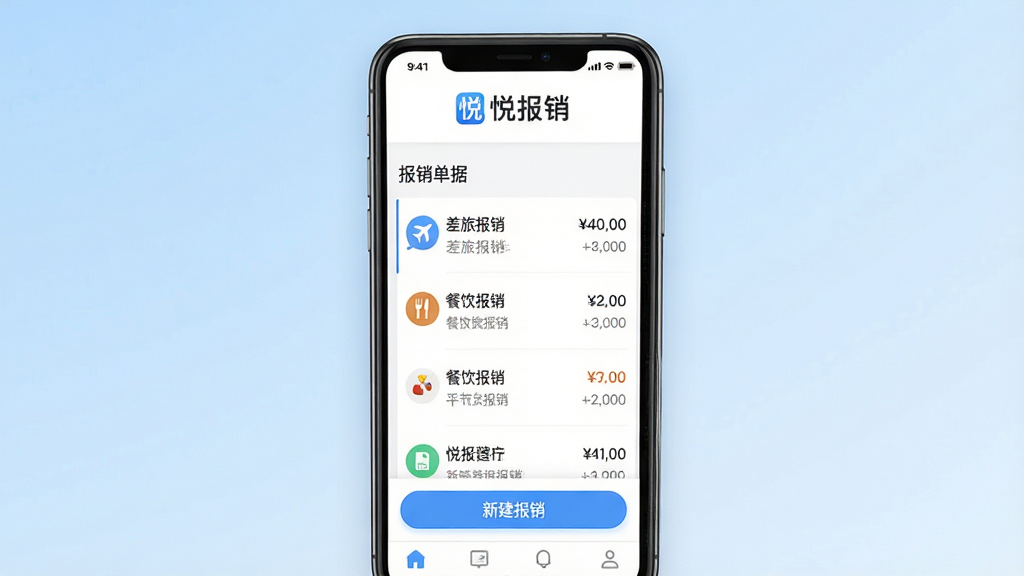 主体:手机屏幕展示悦报销App主界面,界面顶部显示“悦报销”品牌Logo,中间为报销单据列表,底部有“新建报销”按钮;布局:手机居中,背景为浅蓝色渐变,界面清晰简洁;排版:界面元素左右对齐,图标与文字整齐排列;风格:现代扁平化,商务简约;细节:屏幕上显示“悦报销”文字,单据列表有“差旅报销”“餐饮报销”等条目;画质:高清,干净,无多余元素。