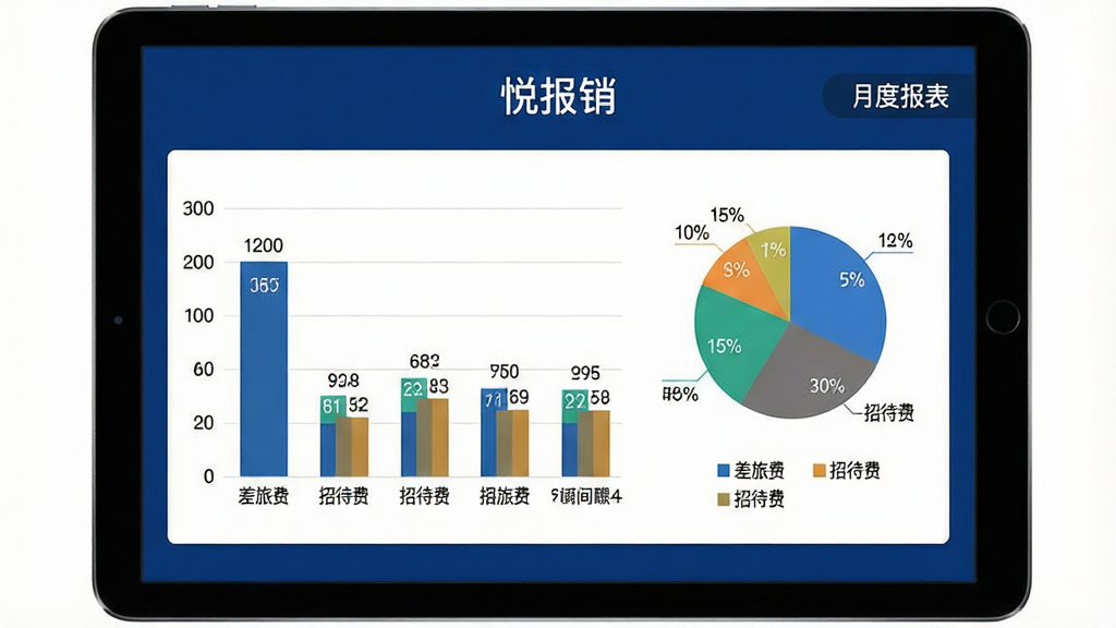主体:平板电脑显示悦报销的费用统计图表,包括柱状图与饼图,图表上方有“悦报销”标题;布局:平板居中,背景为深蓝色,图表占据屏幕主要区域;排版:图表数据标签清晰,图例在右下方;风格:商务数据可视化风格;细节:柱状图显示“差旅费”“招待费”等分类,饼图显示比例,屏幕右上角有“月度报表”字样;画质:高清,干净,无多余元素。