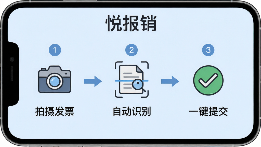 主体:手机横屏显示悦报销操作流程示意图,分为“拍照”“识别”“提交”三步,每一步有图标与文字说明,顶部有“悦报销”字样;布局:三步流程从左到右排列,箭头连接;排版:图标上方有步骤序号,下方有简短文字;风格:简洁插画风,浅蓝底色;细节:第一步相机图标,第二步文档图标,第三步对勾图标,文字分别为“拍摄发票”“自动识别”“一键提交”;画质:高清,干净,无多余元素。
