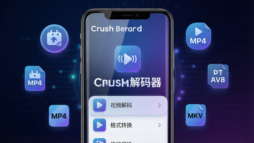 ���壺һ����Ϊ��Crush���������İ�׿Ӧ�ý��棬��Ļչʾ��Ƶ�������ʽת�������б�������Ϊ��ɫ�Ƽ��н��䡣���֣��ֻ����У���Ļ����ʾ������ͼ������֡�Crush���������������������Ľ���ɹ���ʶ�͸�ʽͼ�꣨��MP4��MKV��AV1�����Ű棺����ͻ��������Ԫ���������У����ֱ�ǩ����������ִ���ƽ����ƣ�����ɫ������Ӱ��͡�ϸ�ڣ���Ļ������Ȼ��ͼ��ϸ�壬���֡�Crush����������Ŀ�����ʣ�8k�����壬�ɾ����޶���Ԫ�ء�
