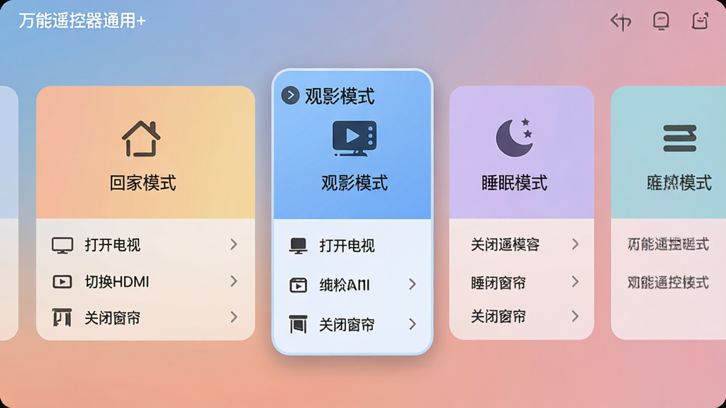 ���壺����ң����ͨ��+�ĳ���ģʽ���ƽ��棬��ʾ���ؼ�ģʽ��������Ӱģʽ������˯��ģʽ���ȿ�Ƭ�����֣������Կ�Ƭ��ʽ�������У�ѡ�С���Ӱģʽ����Ƭ������ʾ������Ϊ����ɫ���Ű棺��Ƭ��Сһ�£��Ϸ���ģʽ���ƺ�ͼ�꣬�·����豸�����б�������ִ���Լ���ɫ����͡�ϸ�ڣ���Ƭ����ʾ������ң����ͨ��+���������ƣ������б��������򿪵��ӡ������л�HDMI�������رմ������ȣ�����ɾ��޶���Ԫ�أ����ʸ��塣