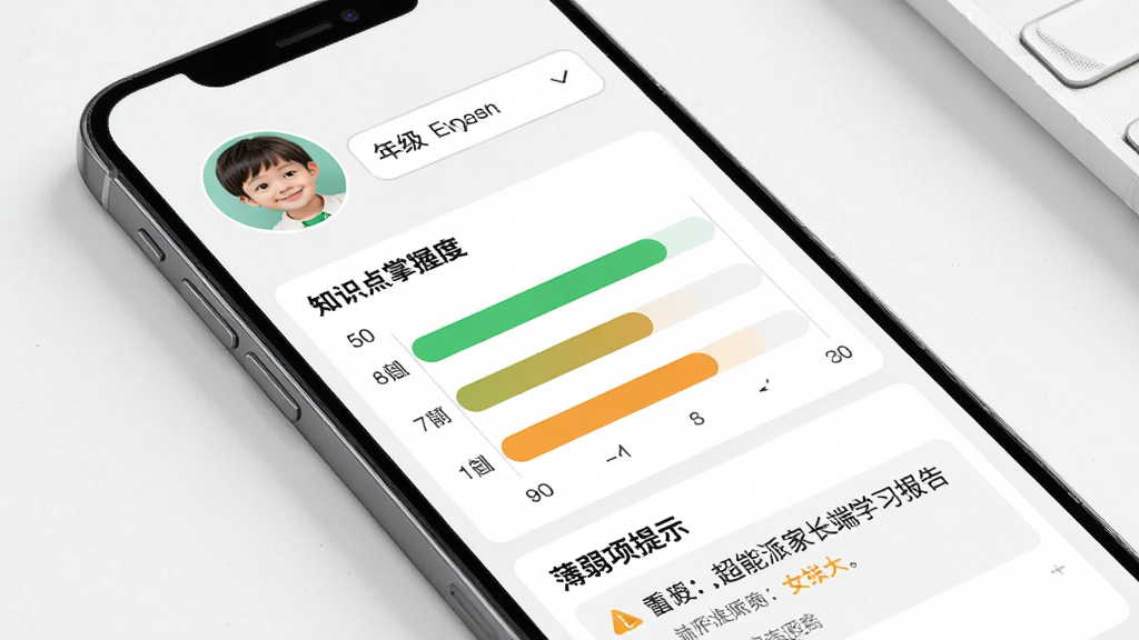 超能派家长端学习报告界面,主体为手机屏幕展示数据图表,布局上方是孩子头像和年级选择,中间是知识点掌握度条形图,下方是薄弱项提示,排版简洁清晰,风格商务简洁,细节包含绿色和橙色进度条,画质高清干净无多余元素