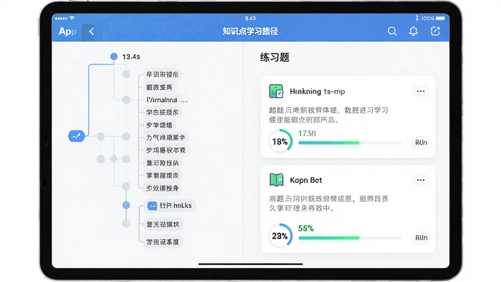 超能派App界面截图,展示知识点学习路径,主体为平板电脑上的学习界面,布局清晰,左侧是知识树,右侧是练习题,排版简洁,风格现代科技感,细节包含进度条和掌握度百分比,画质高清干净无多余元素