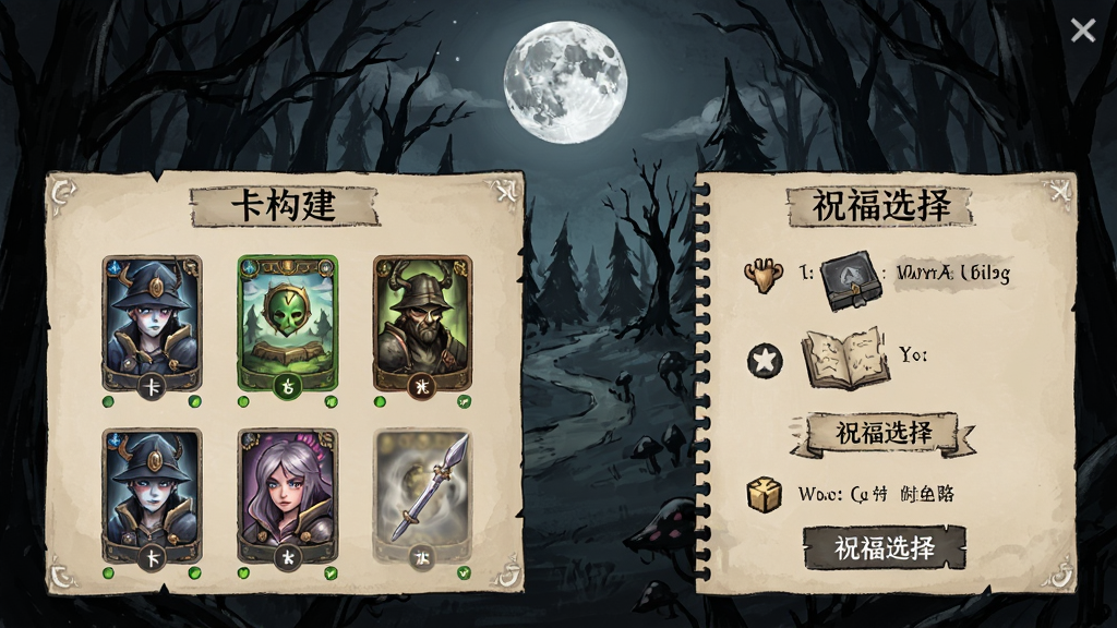 月圆之夜游戏攻略界面,显示卡组构建与祝福选择,背景为黑森林地图,手绘风格,主体为攻略信息,布局分栏,排版清晰,细节丰富,画质干净无多余元素
