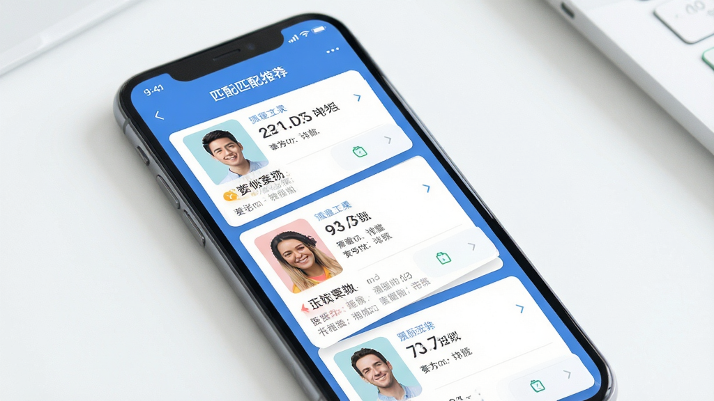 圈子智能匹配推荐功能示意图,主体为手机屏幕展示匹配结果列表,布局为卡片式,排版整齐,风格清新,细节突出,画质清晰,干净无多余元素