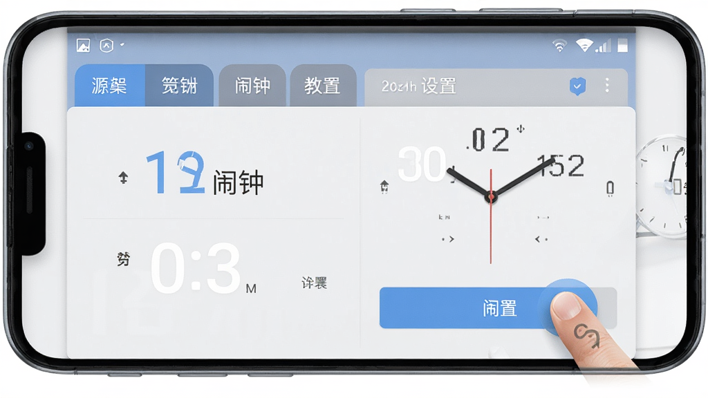 时钟闹钟安卓版 使用教程 界面操作演示,手机竖屏,主界面显示四个选项卡,闹钟设置界面清晰,用户手指点击按钮,风格简洁现代,UI干净整洁,细节丰富,画质高清,无多余元素