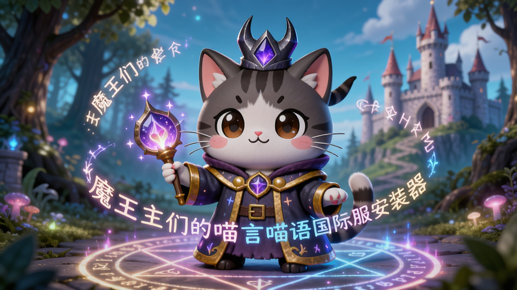 一只可爱的猫咪魔王穿着魔法长袍,站在魔法阵中央,周围环绕着发光的咒语文字