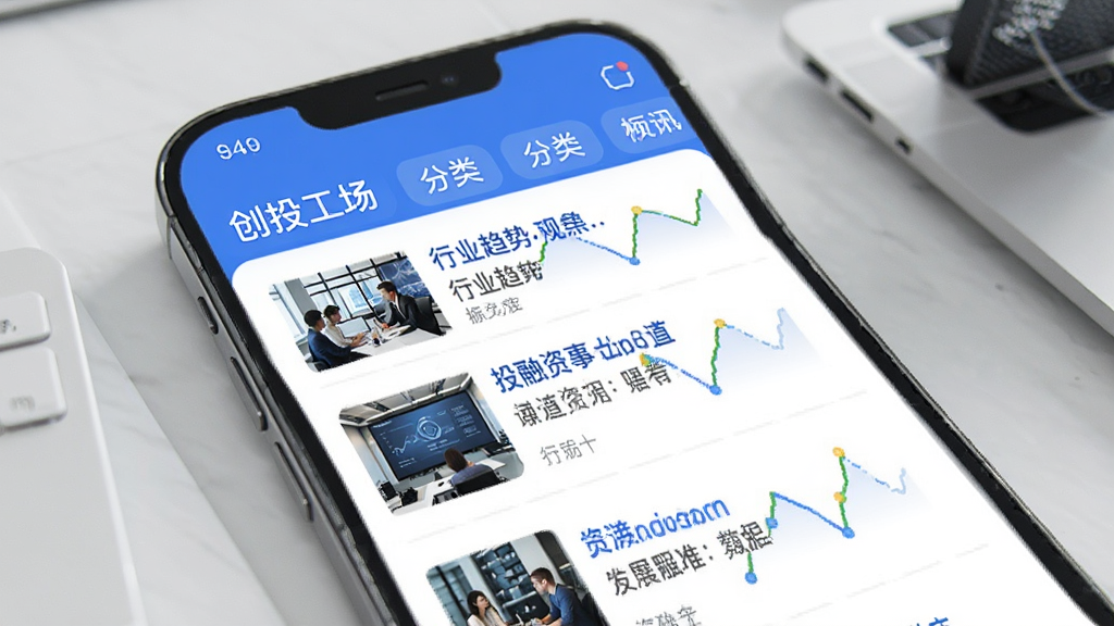 创投工场APP资讯板块界面,展示文章列表,标题包含行业趋势、投融资事件等,每篇配有小缩略图,顶部有分类标签栏,整体设计简洁现代,蓝色主题色,画质清晰