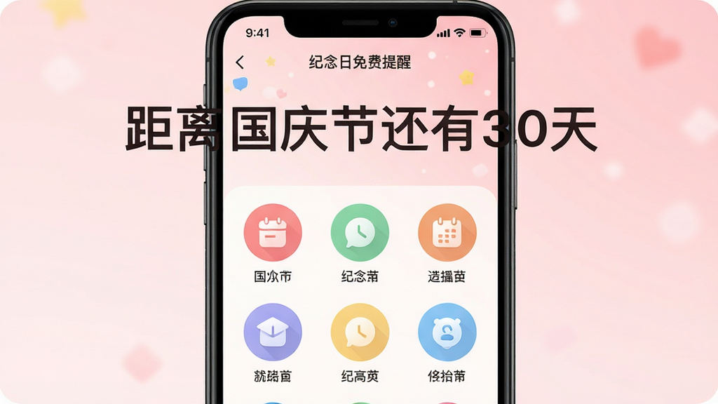 清新治愈风格的手机截图展示“纪念日免费提醒”APP主界面,上方显示“距离国庆节还有30天”的醒目大字,下方排列多个彩色圆形图标代表不同纪念日,整体布局简洁,色彩柔和,背景为淡粉色渐变,画质干净,无多余元素,主体突出,居中排版