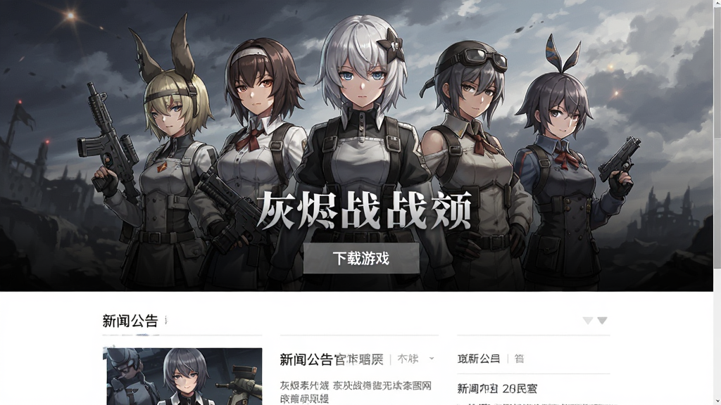 灰烬战线官方网站首页,顶部为游戏主视觉图,展示多个DOLLS角色,中间有“下载游戏”按钮与新闻公告栏,页面风格简洁大气,二次元风格,排版清晰,画质高清。