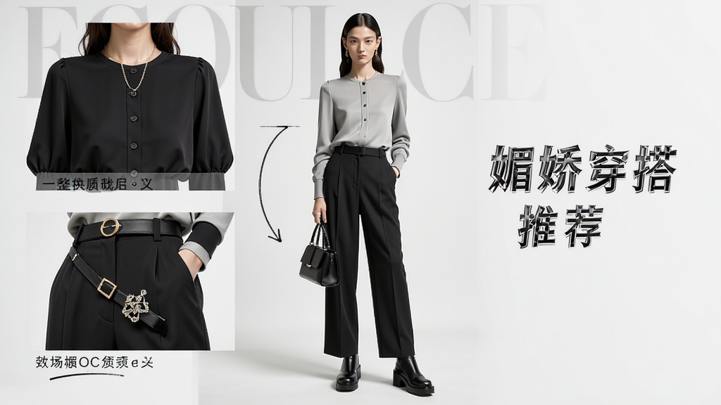 主体:一位模特展示媚娇穿搭推荐的整套服饰,包含上衣、下装、配饰,布局:全身照居中,背景纯色,排版:突出服装细节,风格:时尚杂志风格,细节:模特旁边标注“媚娇穿搭”推荐,画质:高清,干净。