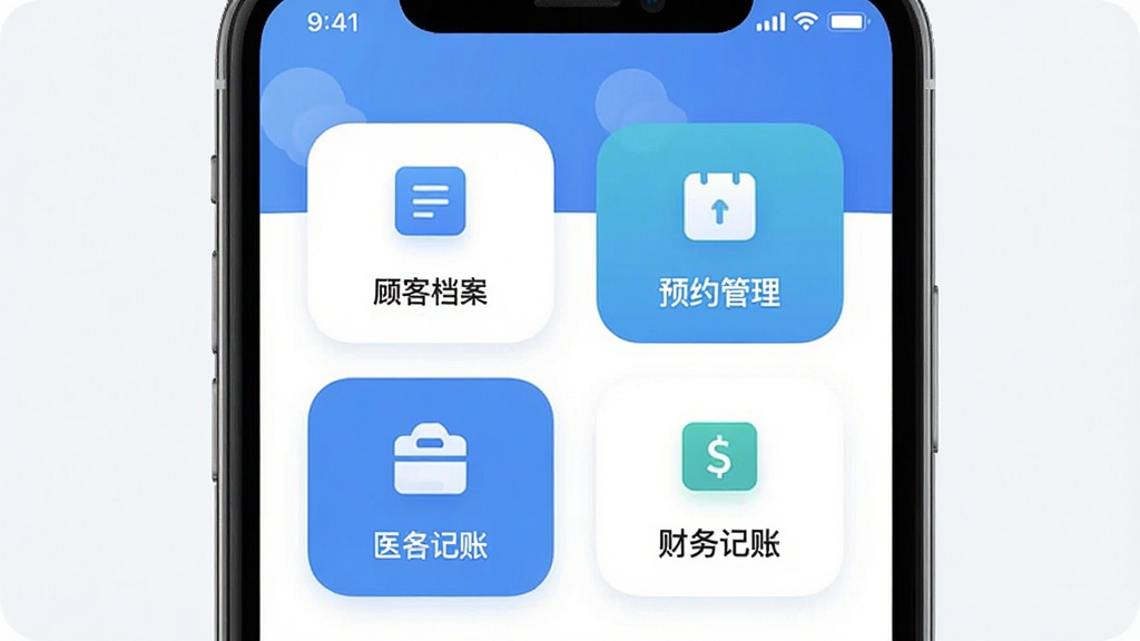 医客助手app功能界面展示,主体为手机屏幕截图,布局清晰,包含顾客档案、预约管理、财务记账等图标,风格简约现代,细节圆润,画质干净,无多余元素