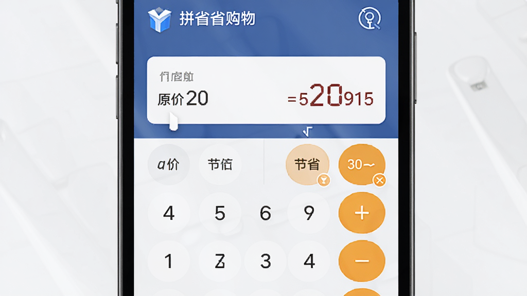 拼省省购物的优惠计算功能界面,主体为手机屏幕上的计算器样式,布局简洁,排版直观,风格商务专业,细节显示输入原价和节省金额数字,画质干净,无多余元素