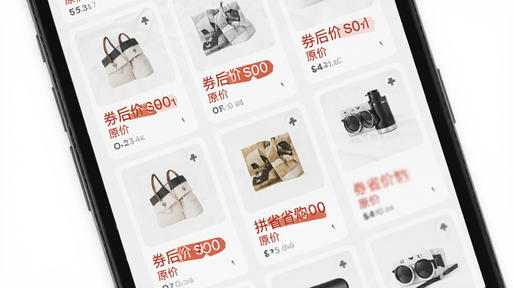 拼省省购物的优惠商品展示页面,主体为多张商品卡片在手机屏幕上排列,布局为网格状,排版整齐,风格清新明亮,细节显示“券后价”与“原价”对比标签,画质干净,无多余元素