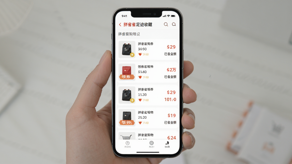拼省省购物的足迹收藏页面,主体为手机屏幕上的列表界面,布局清晰,排版简约,风格清爽,细节显示商品缩略图、领券标记与已省金额,画质干净,无多余元素