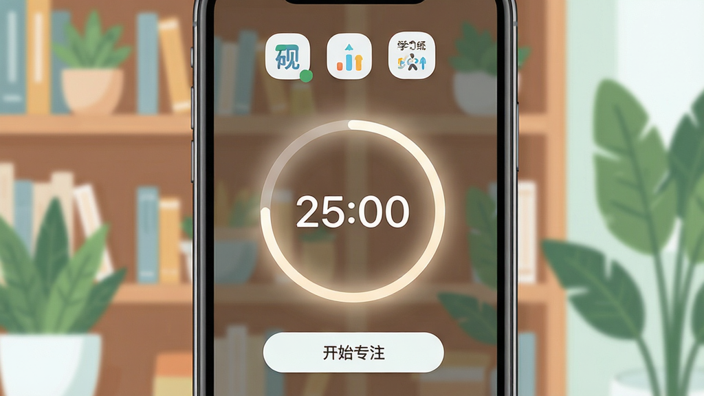 主体为一部智能手机屏幕显示砚语翻译专注计时界面,界面中央有圆形计时器,数字“25:00”清晰可见,周围有柔和的光晕,背景是书架与绿植,布局居中对称,排版简洁现代,风格清新插画风,细节包括计时器下方的“开始专注”按钮与顶部学习统计小图标,画质高清,干净无多余元素