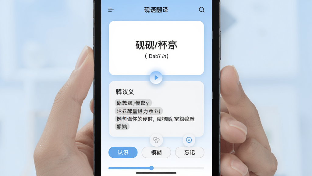主体为砚语翻译的单词学习卡片界面,卡片正面显示单词与音标,背面为释义与例句,界面底部有“认识”“模糊”“忘记”三个按钮,背景为浅蓝色渐变色,布局为纵向排列,风格简洁现代,细节包括卡片切换动画与学习进度条,画质高清,无多余元素