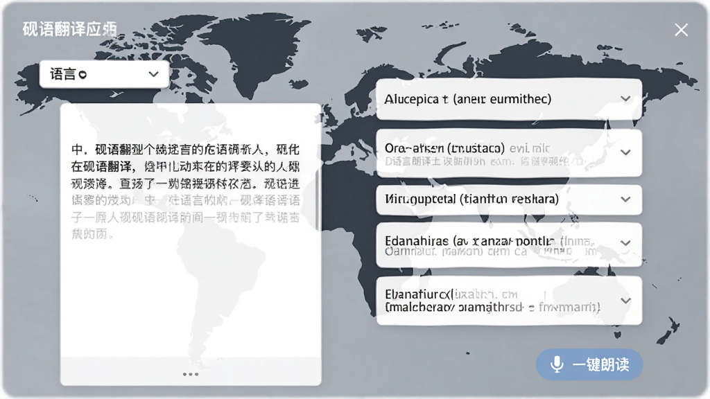 主体为砚语翻译应用的多语言翻译界面,屏幕上展示一段中文原文与多种外语译文对照卡片,背景为世界地图轮廓,布局采用左右分栏排版,风格扁平化UI设计,细节包括语言选择下拉菜单与“一键朗读”按钮,画质干净,无多余元素