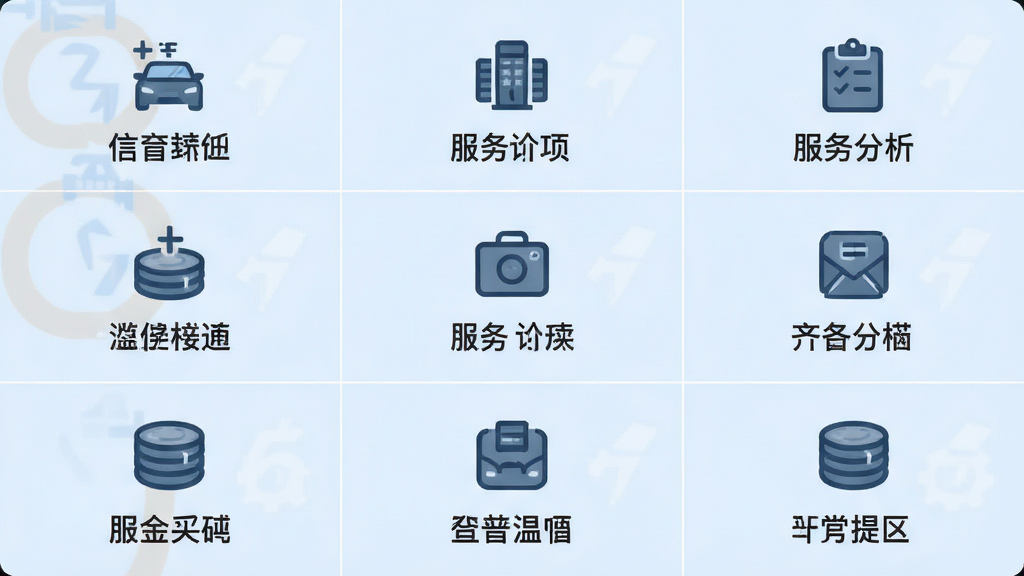 客有信 服务分类页面,九宫格布局,图标风格统一,文字标签清晰,背景浅蓝,简洁干净,无多余元素