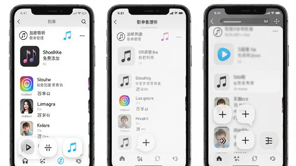 手机音乐免费听 歌单管理 创建列表 添加歌曲 拖拽排序 界面截图 风格简洁 清晰图标 明亮色彩