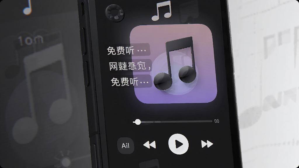 手机音乐免费听 播放界面 显示歌词 进度条 封面大图 按钮清晰 深色模式 高级质感 干净背景