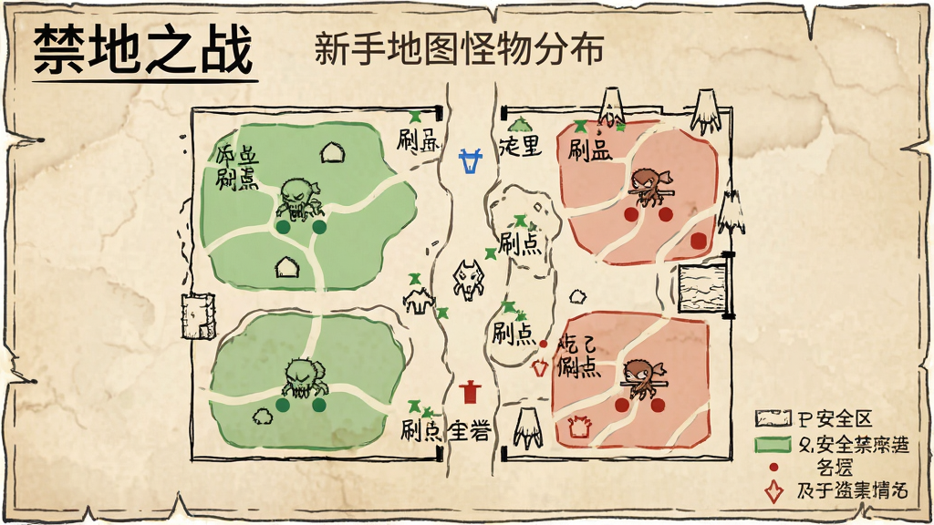 禁地之战新手地图怪物分布示意图,标注安全区和刷怪点,地图风格复古,线条清晰,文字标注明显,画质干净,无多余元素