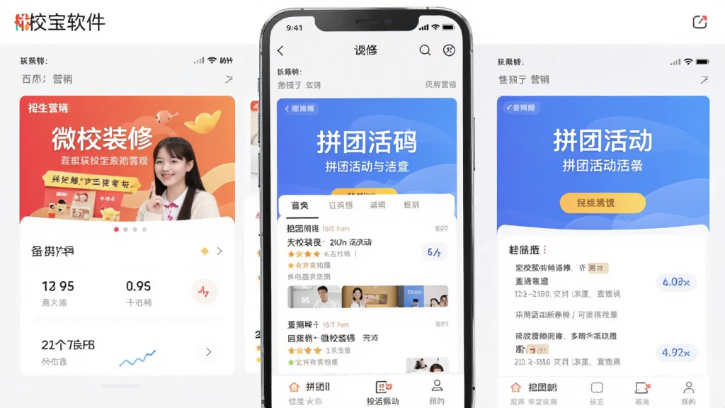 校宝软件界面截图,展示招生营销功能,包括微校装修、拼团活动页面,主体为手机APP界面,布局清晰,风格现代,细节丰富,画质干净,无多余元素