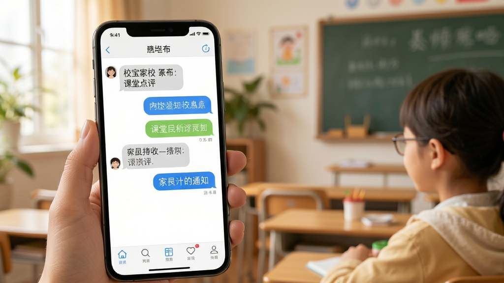 校宝家校互动功能展示,老师通过APP发布课堂点评,家长手机端接收通知,布局为手机消息对话界面,风格温馨,细节真实,画质清晰,无多余元素