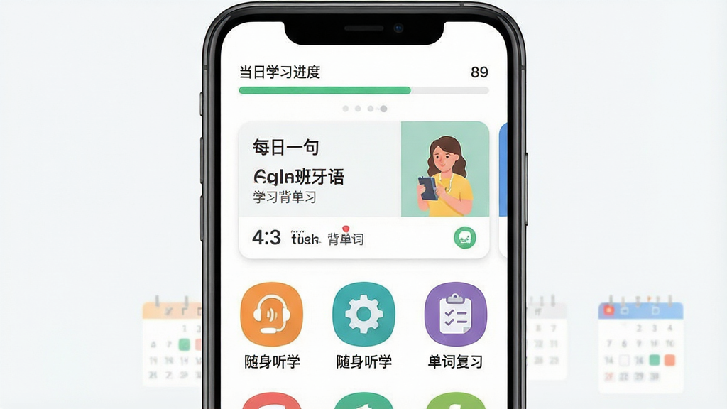 一张展示莱特西班牙语学习背单词手机应用界面的图片,主体为功能列表页面,布局上方是当日学习进度条,中部有每日一句卡片,下方排列字母表、随身听学、单词复习等彩色图标,排版简洁清晰,风格扁平化设计,细节包括进度数字和打卡日历,画质高清干净无多余元素,界面文字标注“每日一句”“随身听学”“背单词”等字样