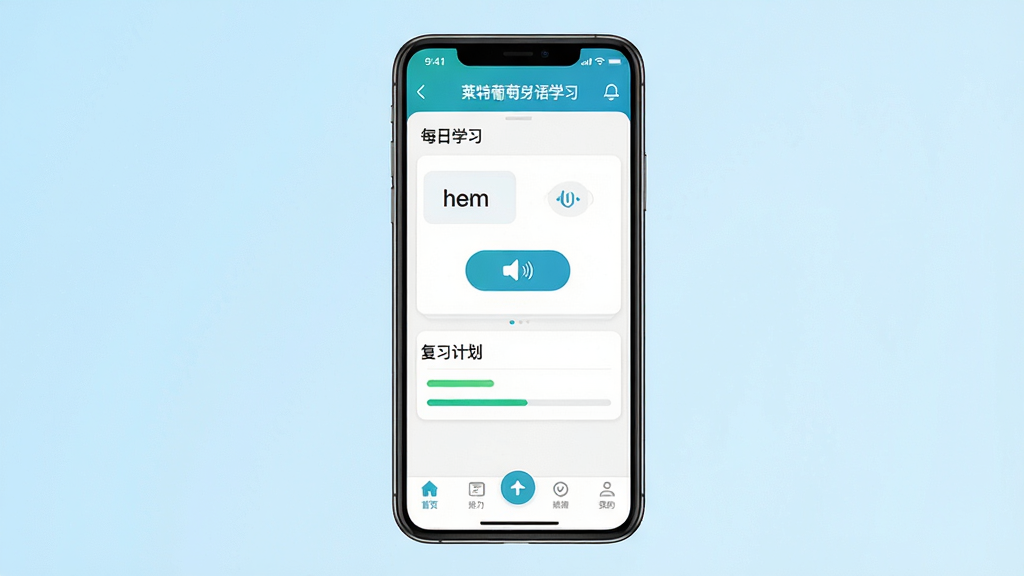 主体:手机屏幕展示莱特葡萄牙语学习背单词APP界面,界面中包含单词卡片、发音按钮、进度条等元素;布局:手机居中,屏幕内容清晰可见,背景为浅蓝色渐变,营造清爽学习氛围;排版:APP界面排列整齐,文字清晰,四周留白适当;风格:扁平化设计,色彩明快,符合教育类应用调性;细节:屏幕中显示“每日学习”和“复习计划”字样,底部有导航栏;画质:高清,干净,无多余元素
