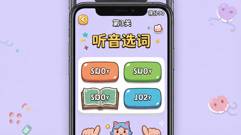 主体:手机屏幕展示莱特葡萄牙语学习背单词APP的练习关卡页面,包含“听音选词”题目和四个选项按钮;布局:手机居中,背景为淡紫色,清新活泼;排版:题目文字醒目,选项排列整齐;风格:卡通游戏风格,色彩鲜艳;细节:屏幕上有“第3关”和“得分90”字样;画质:高清,干净,无多余元素