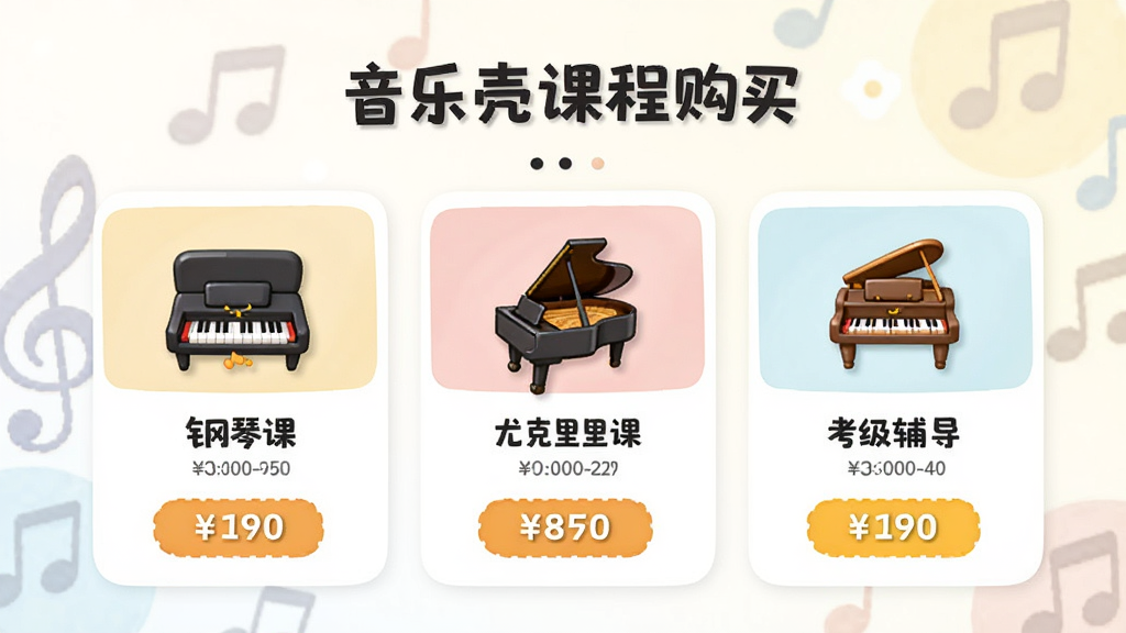 音乐壳课程购买页面,展示多种课程套餐卡片,包含钢琴课、尤克里里课、考级辅导等,卡通图标设计,价格标签清晰,背景柔和,排版整洁,画质高清,干净无多余元素